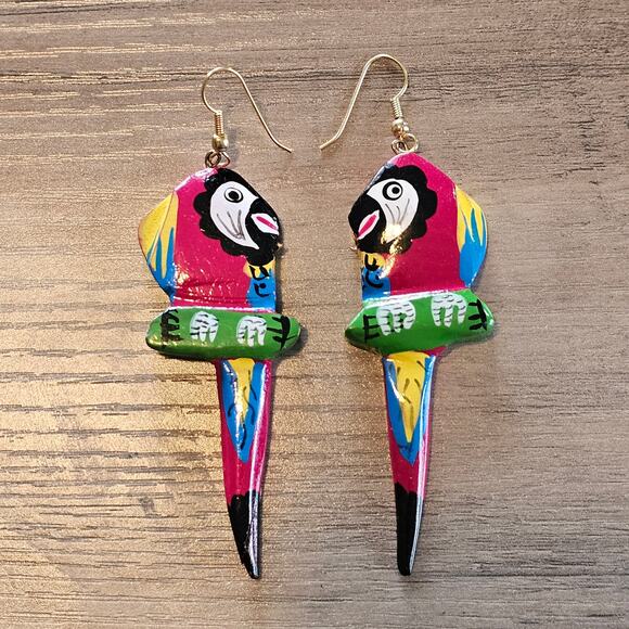 Vintage Red Wooden Tropical Parrot Dangle Earrings - Picture 1 of 5